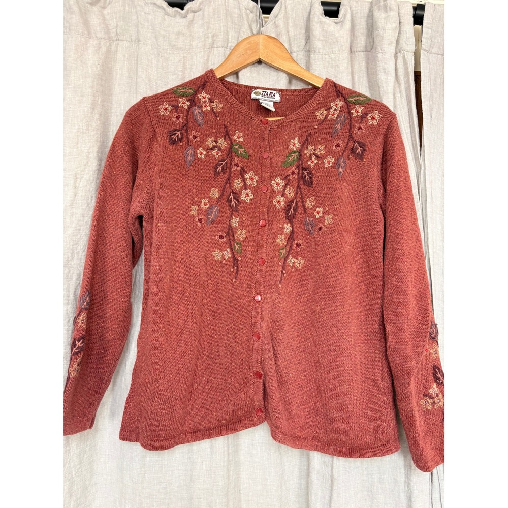 Tiara International Embroidered Cardigan Sweater Womens M Ramie Boho Cottagecore